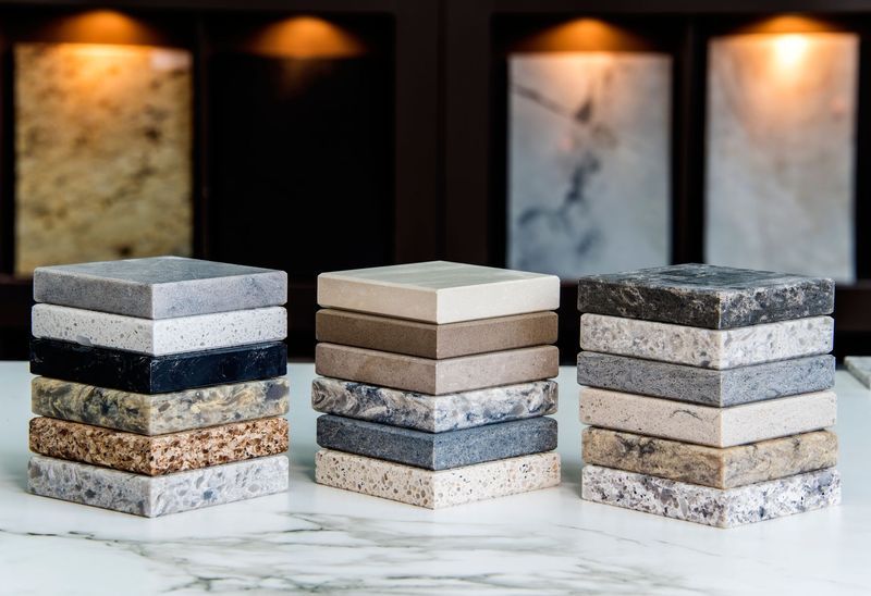 Stacks of countertop samples in various colors and textures, with illuminated display of larger slabs in the background.