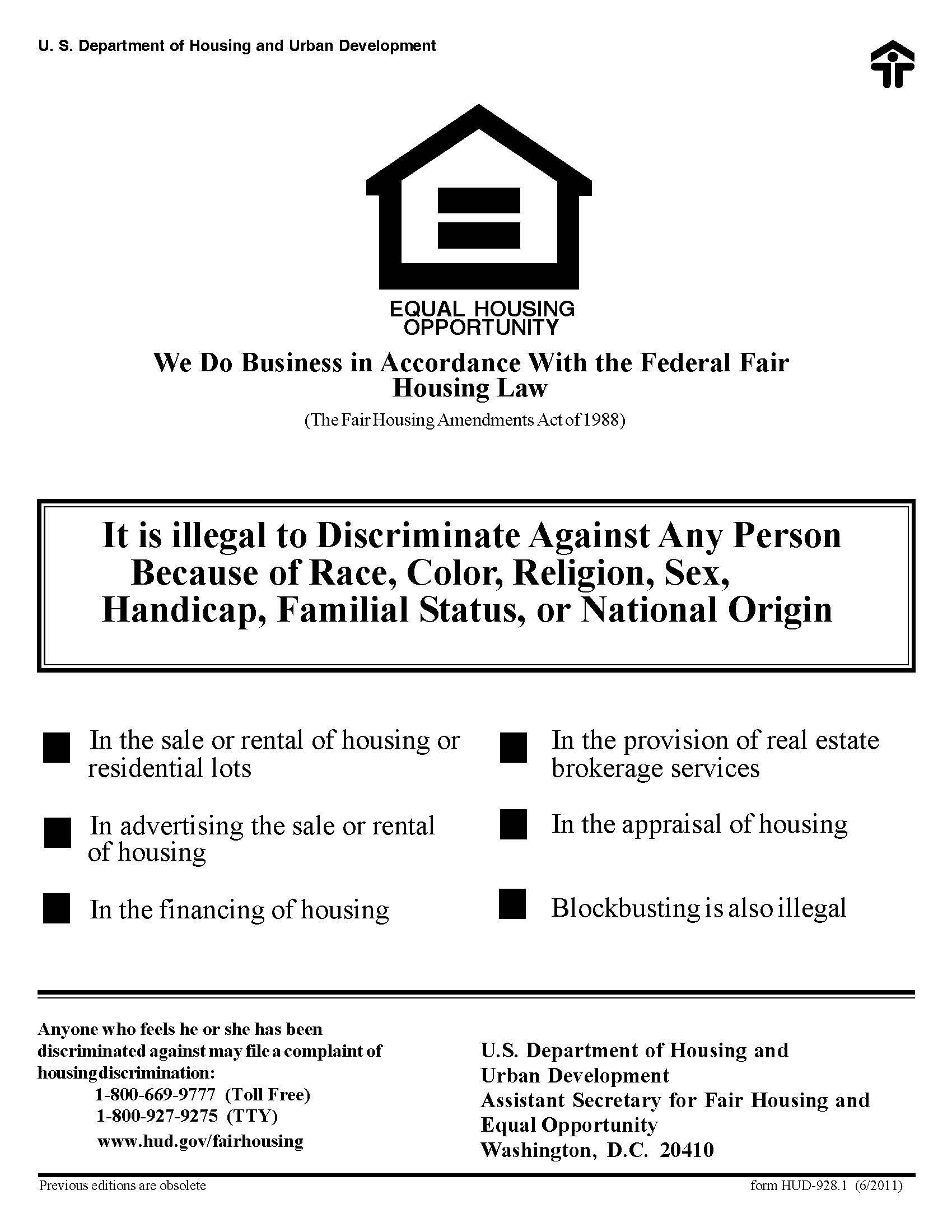 Fair Housing law compliance notice required in property management office