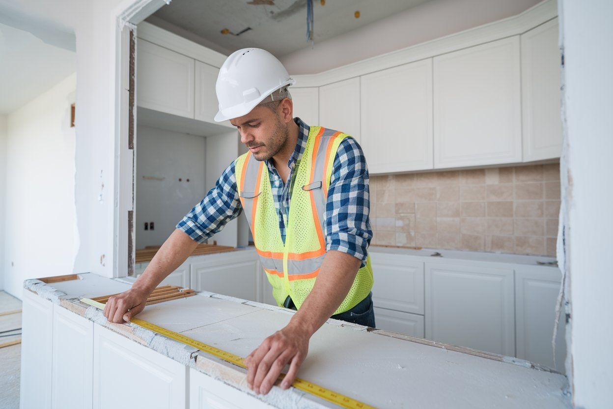 Construction worker measuring countertop in kitchen, wearing a hard hat and safety vest.