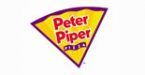 The peter piper pizza logo is yellow and purple and looks like a slice of pizza.