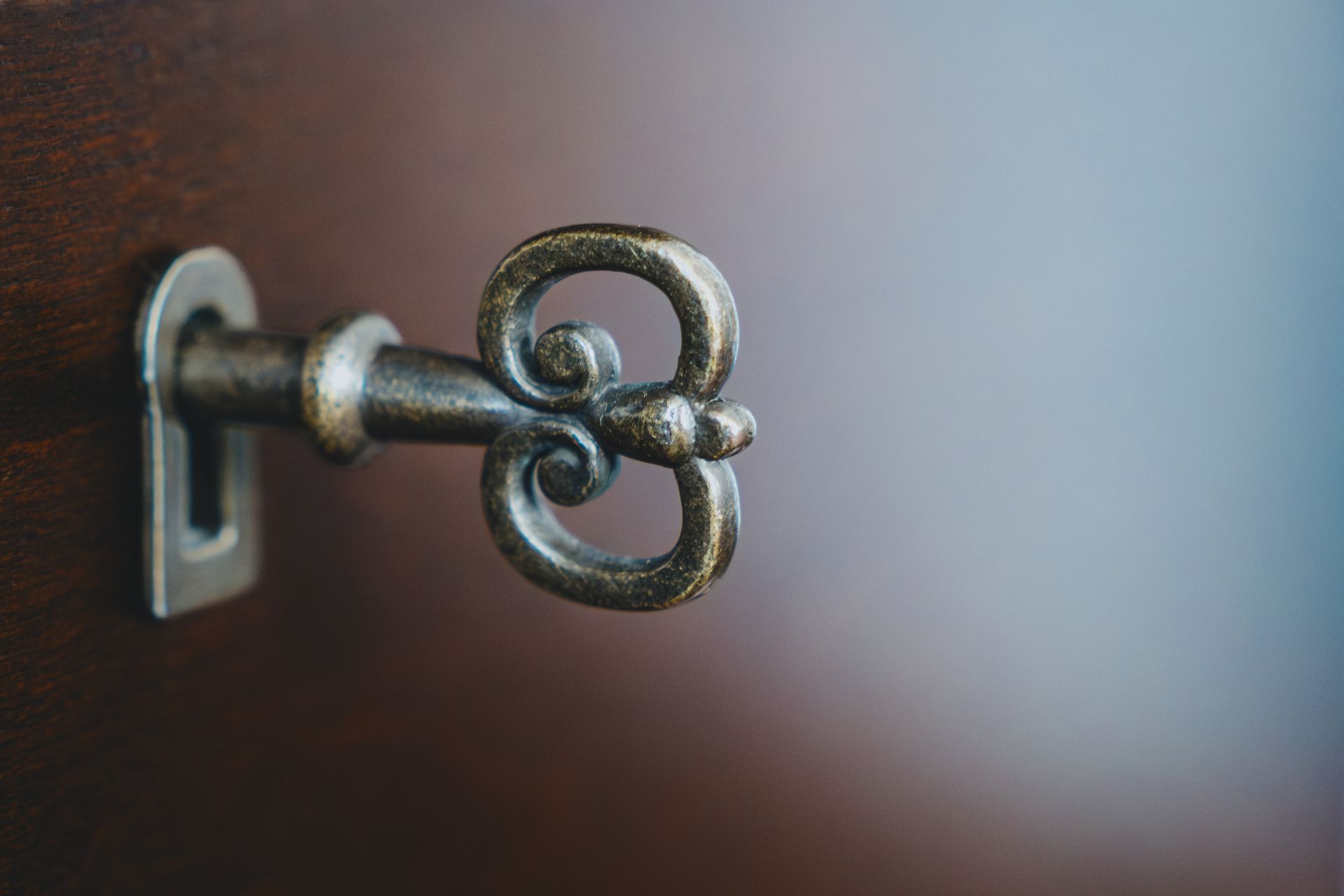 A close up of a key in a keyhole on a door.
