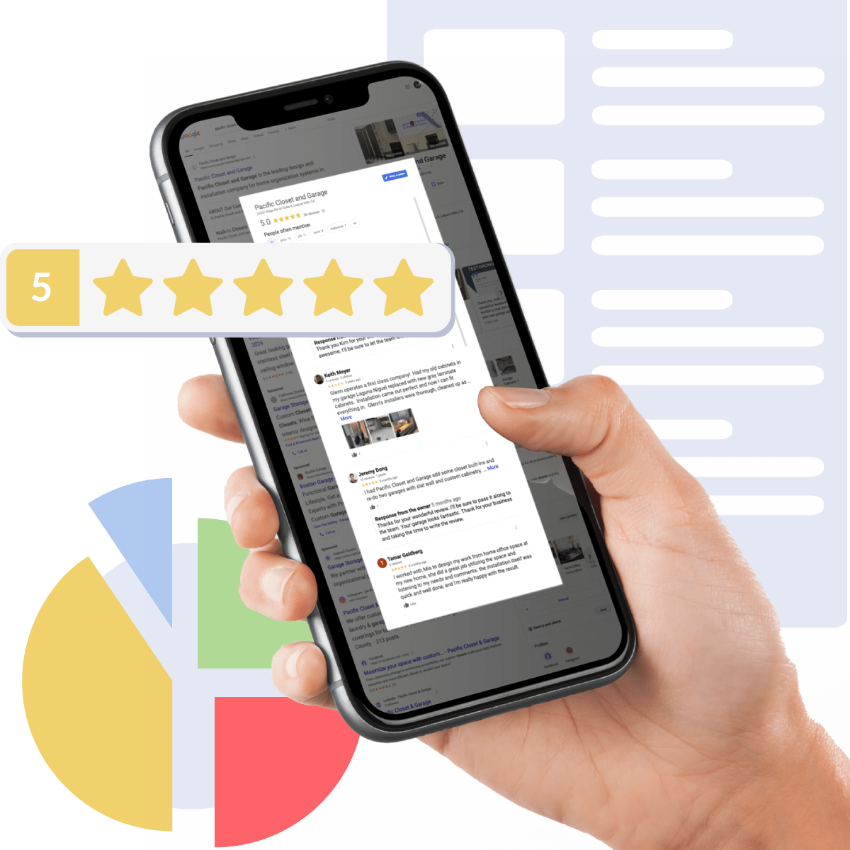 A person is holding a cell phone with a five star rating on it.