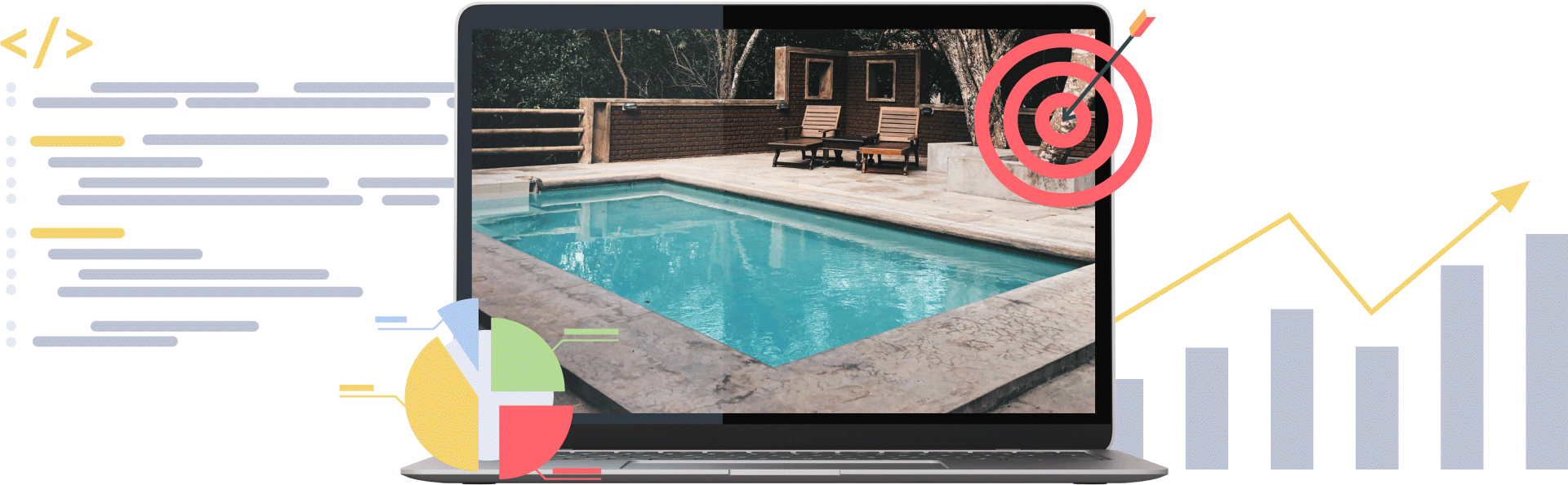 A laptop computer with a picture of a swimming pool on the screen.