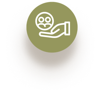 A simplified graphic icon of a human hand holding a smaller circle with two human heads inside representing Casa Services' Community Access Service.