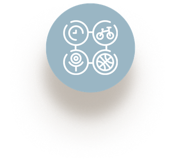 Four simplified graphics icon of activities inside circles representing Casa Service's Day Program Services.