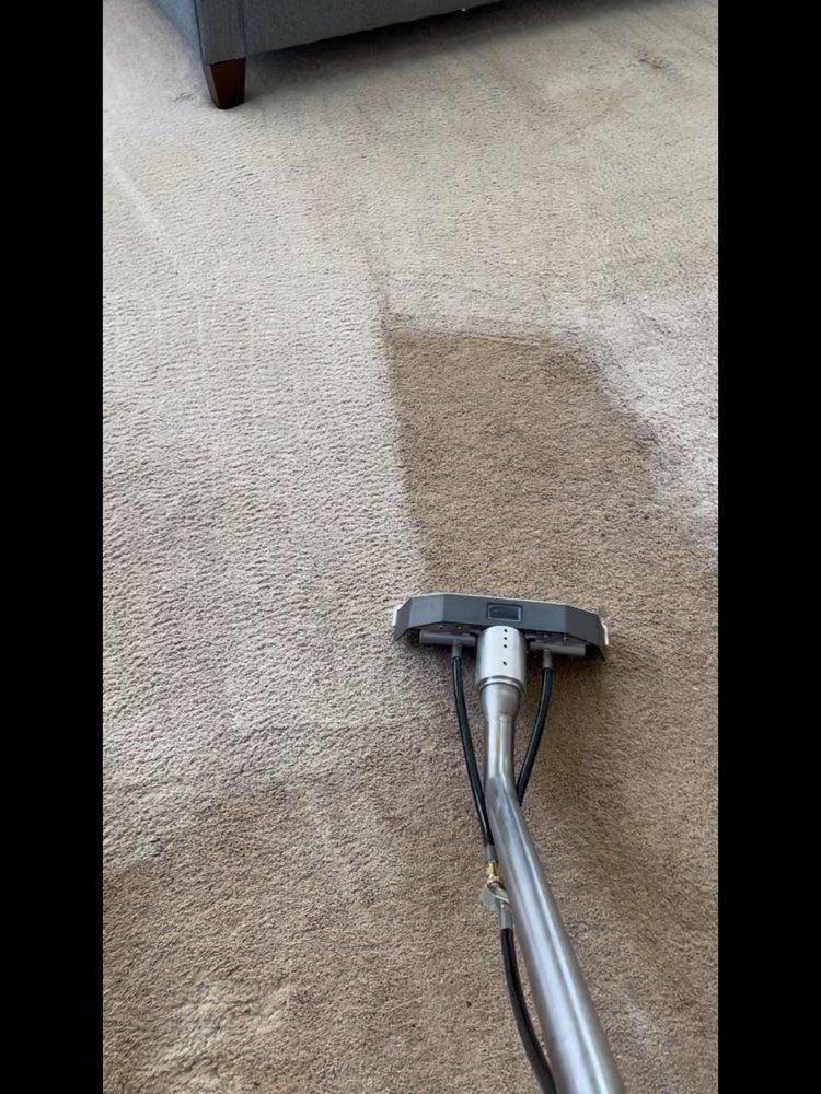 A vacuum cleaner is cleaning a carpet in a living room.