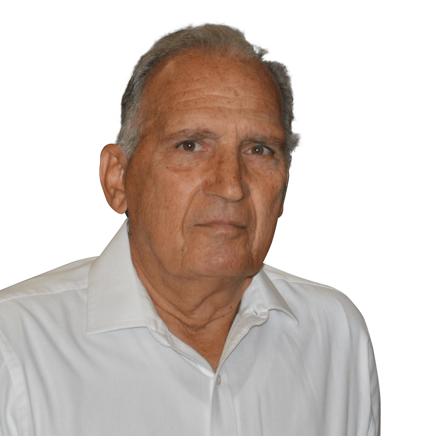 A man in a white shirt is looking at the camera