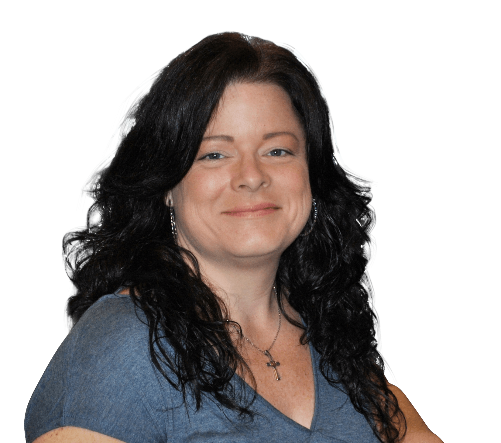 A woman with long dark hair is smiling and wearing a blue shirt