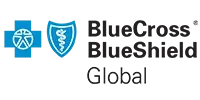 A blue logo for geoblue with a cross and shield