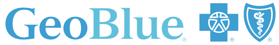 A blue logo for geoblue with a cross and shield