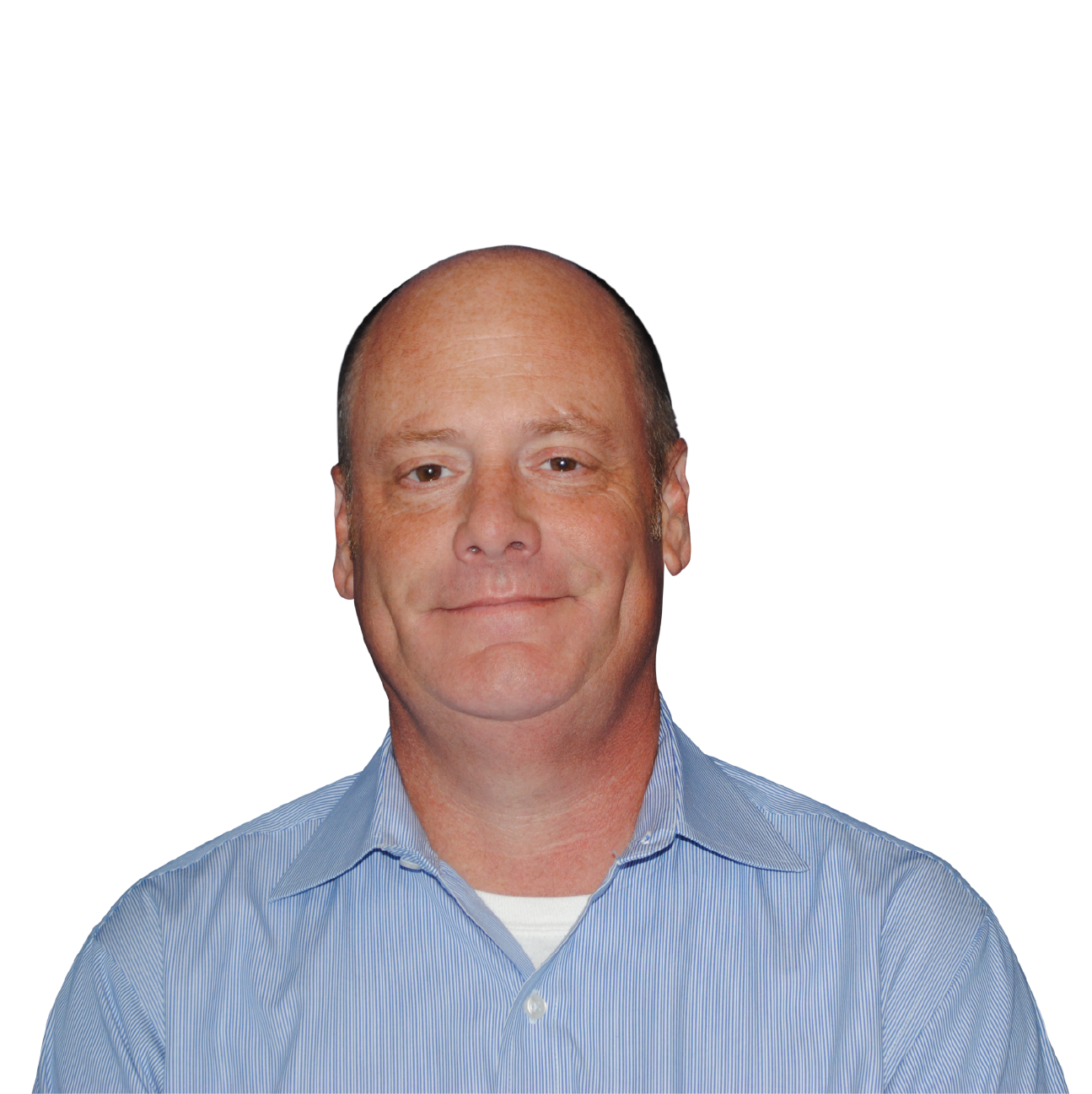 A bald man wearing a blue and white striped shirt