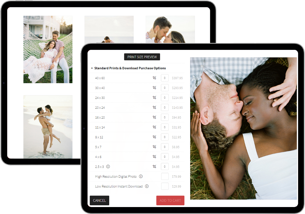 Two tablets displaying photos of a couple, one with a pricing form.