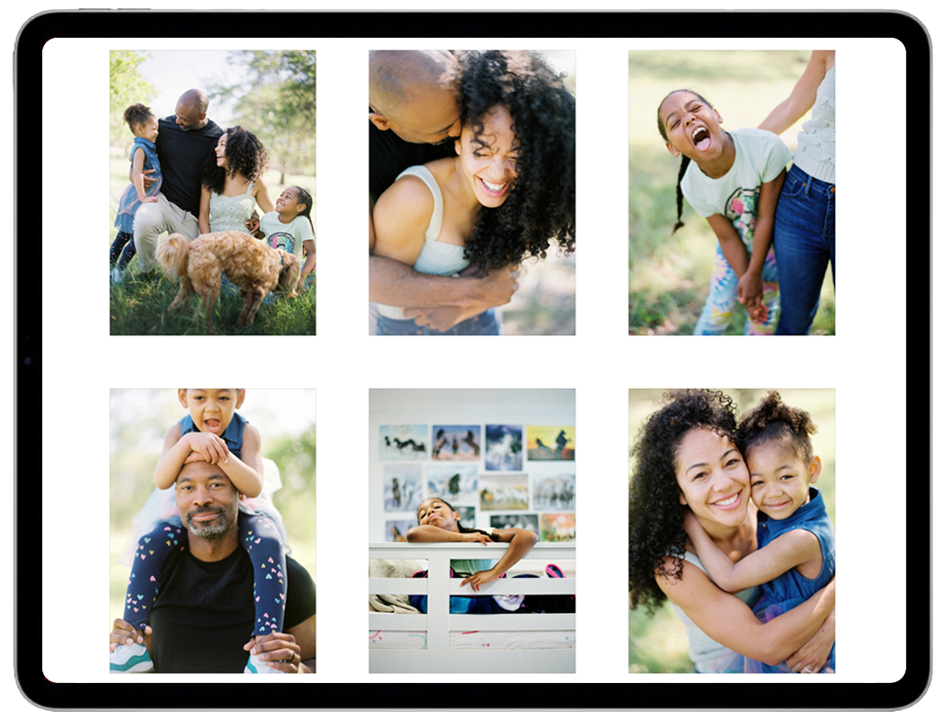 Collage of a family in various happy moments outdoors, embracing and playing.