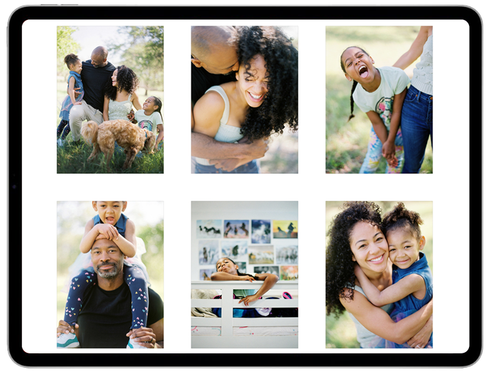 Collage of a family in various happy moments outdoors, embracing and playing.