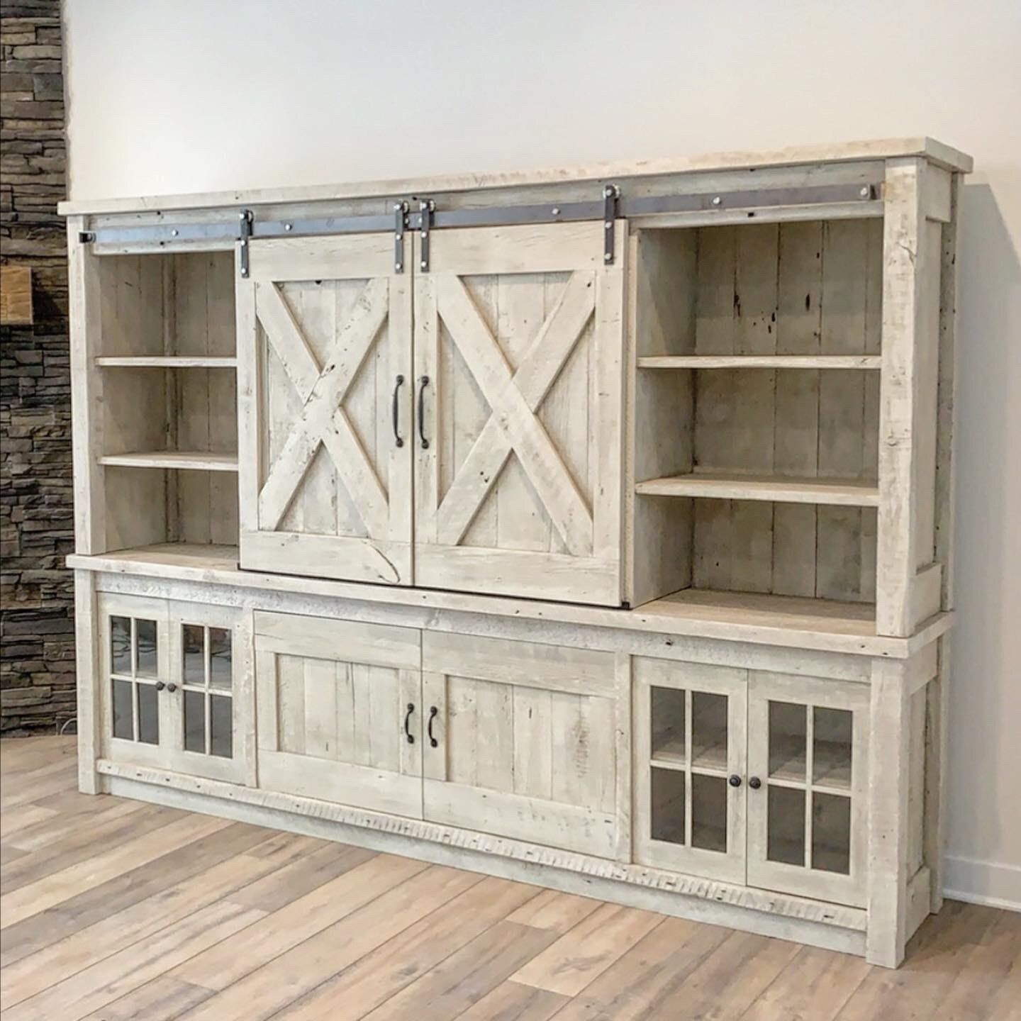 entertainment center, wall unit, shelving, custom, barn door, cabinet