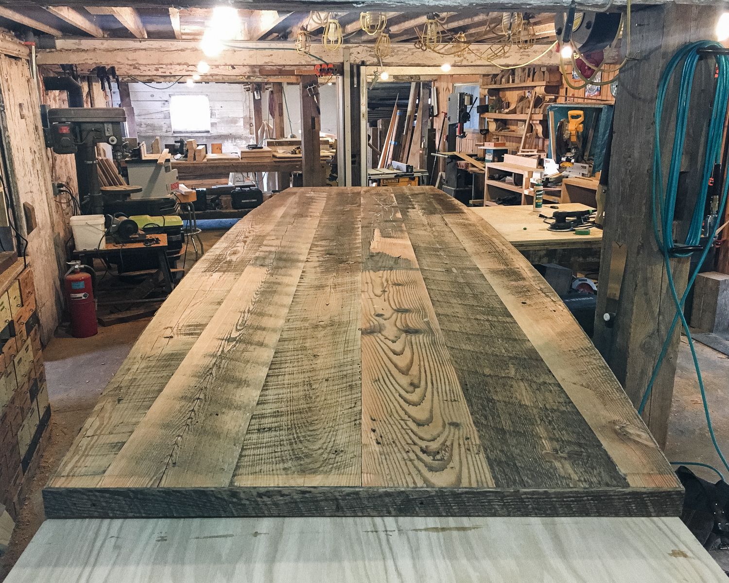 reclamed barn wood on the floor of a barn