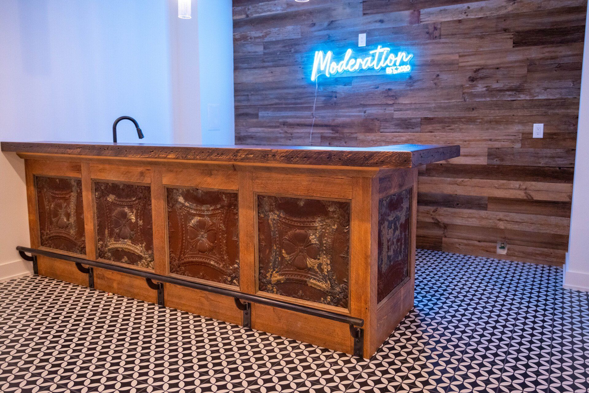 reclaimed, bar, custom, wall cladding, bar top, tin panels