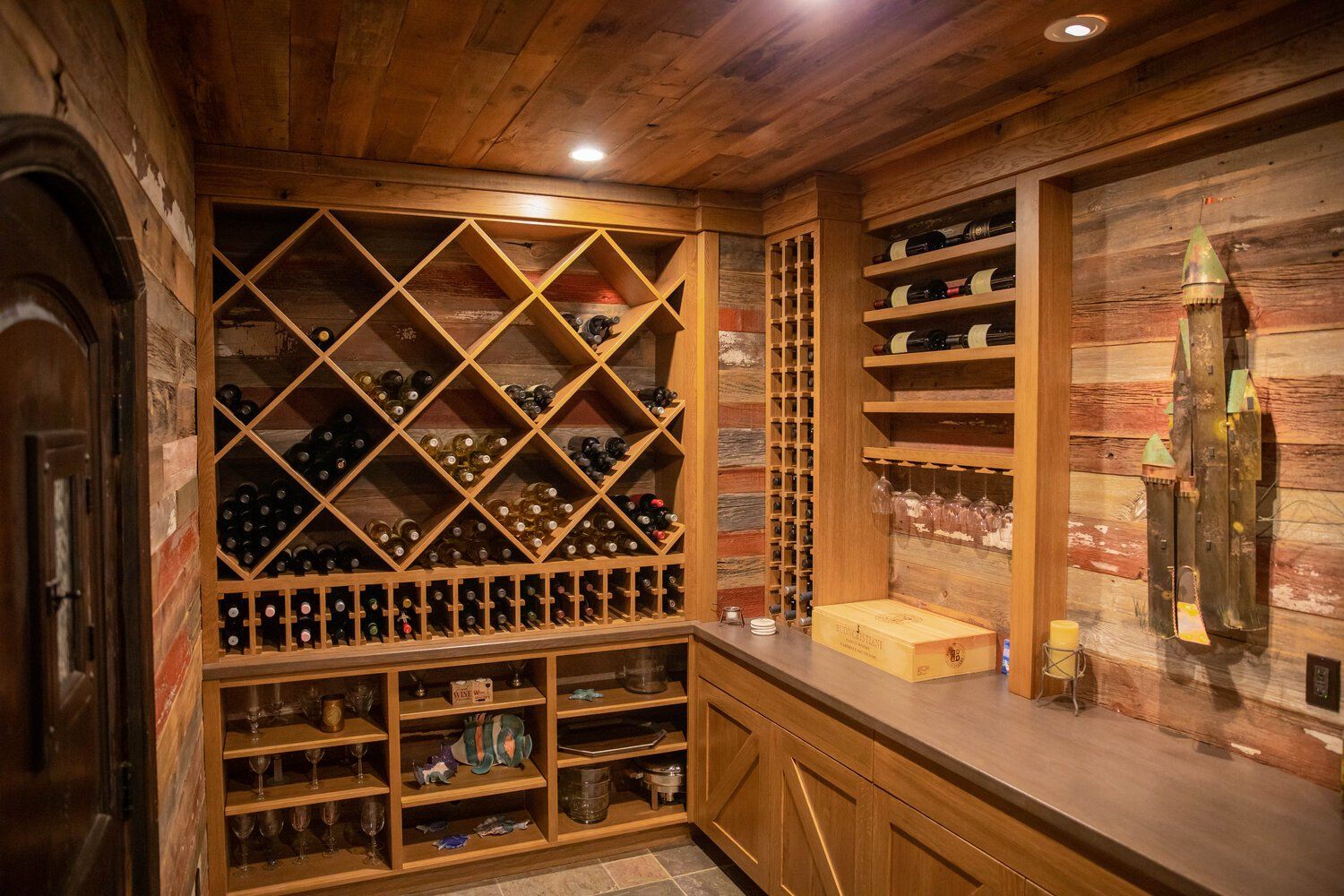 wall cladding, reclaimed materials, wine rack, shelving unit, open shelves