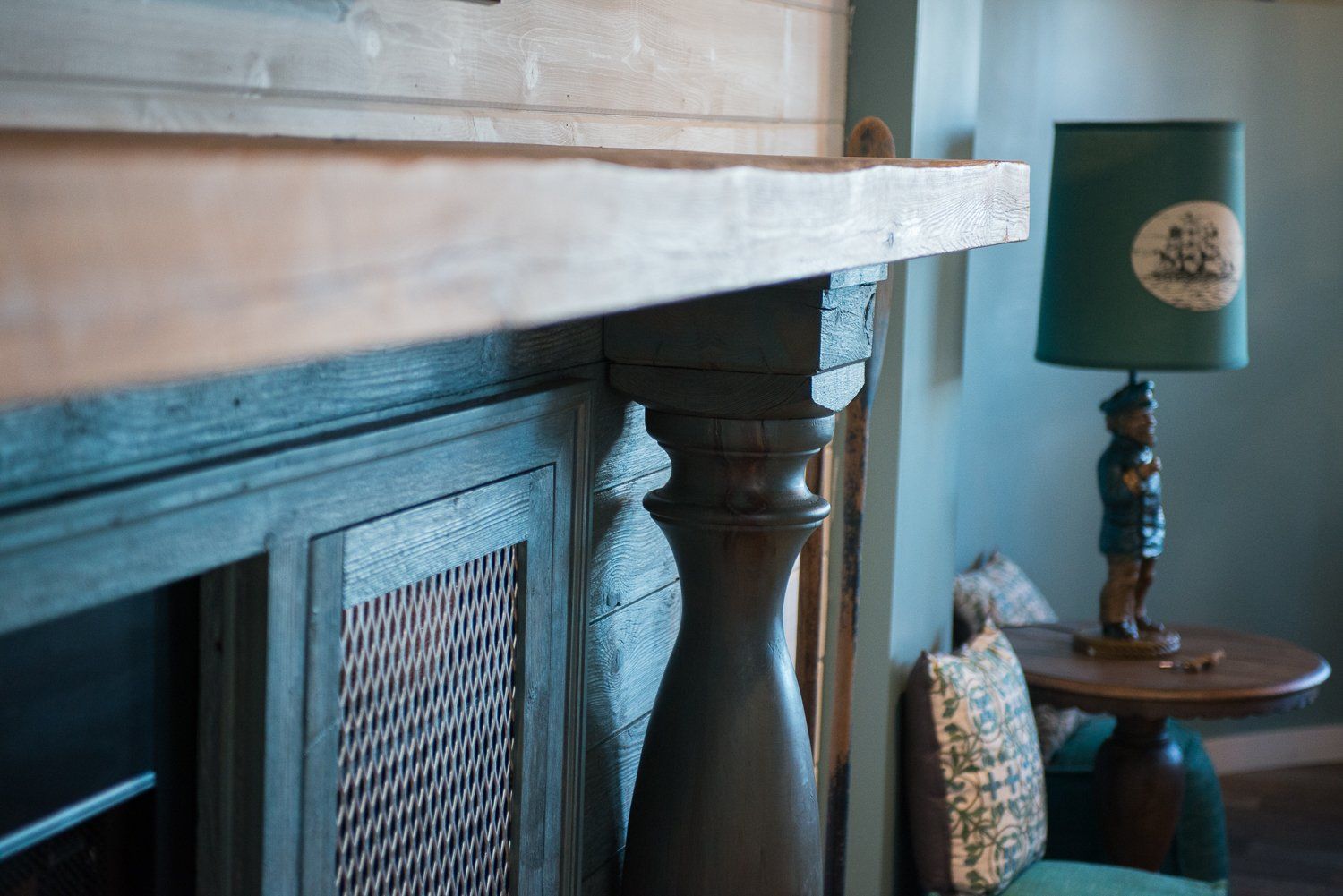 mantel,  rough sawn, Pedestal, turned leg, custom