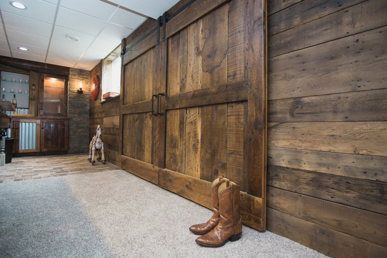 wall cladding, reclaimed materials, barn doors, rustic, double barn doors