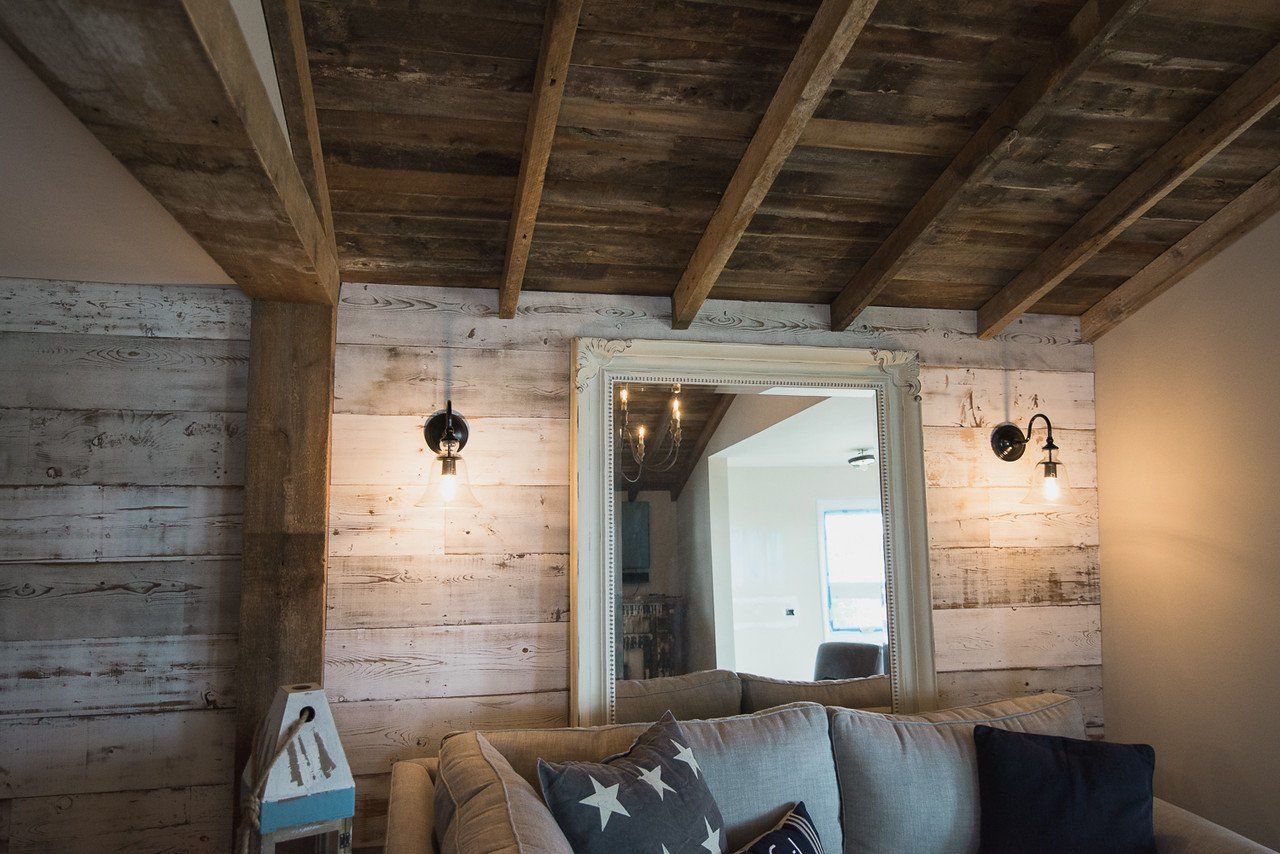 wall cladding, reclaimed materials, beams, ceiling beams, ceiling cladding, white washed