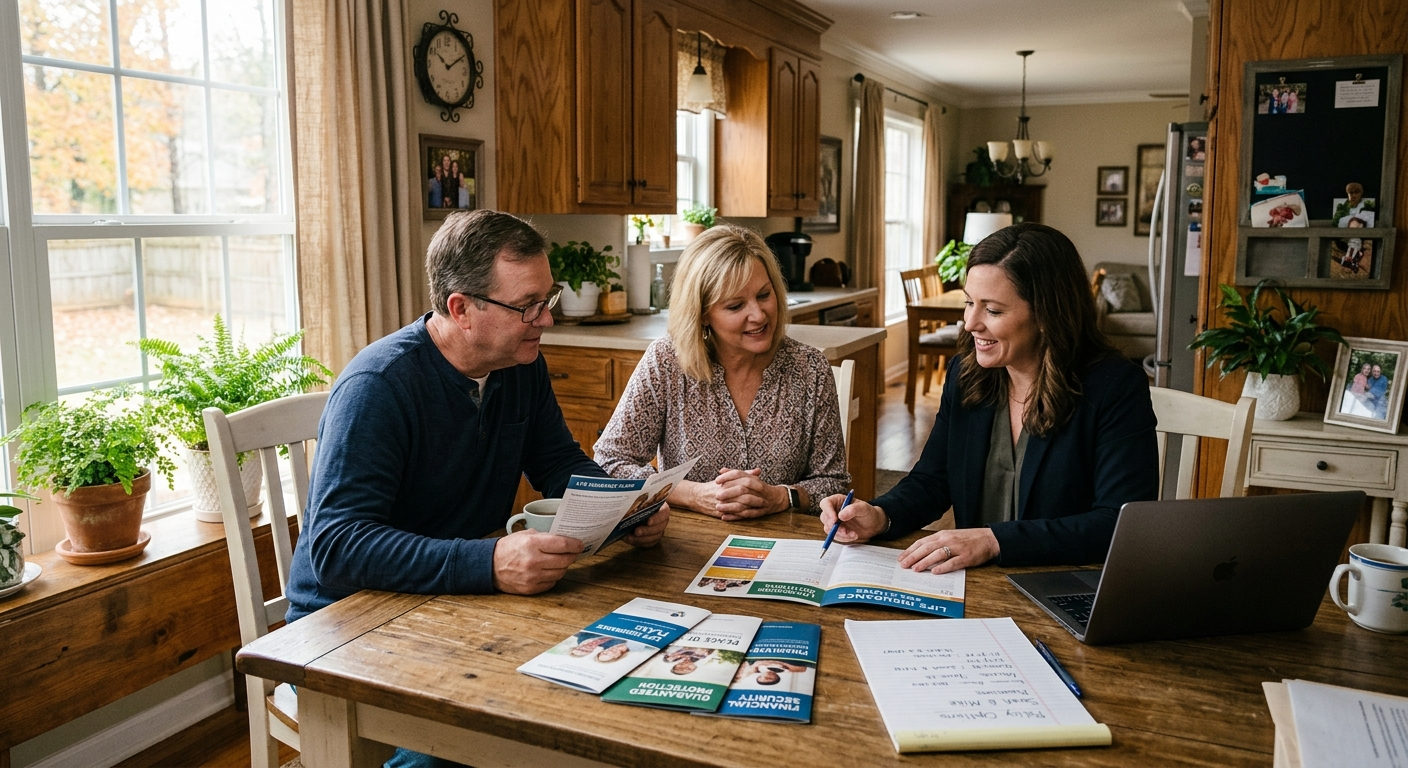Alabama family sitting at a kitchen table reviewing life insurance documents with an agent