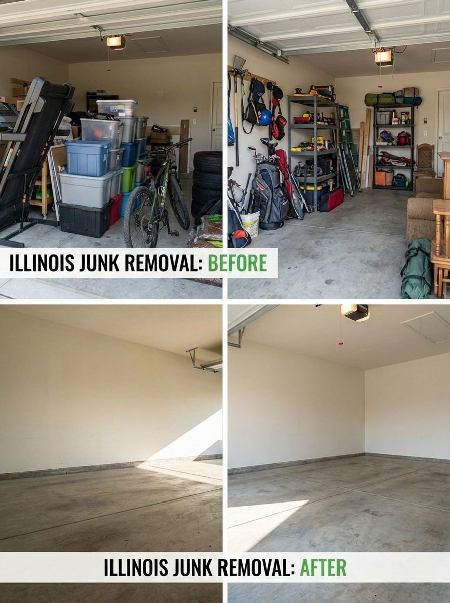 Before and after photos of a cluttered garage transformed into an empty, clean space by Illinois Junk Removal.