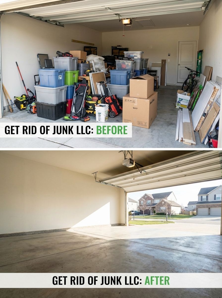 Before and after photos of a garage cleared of boxes and clutter by Get Rid of Junk LLC.