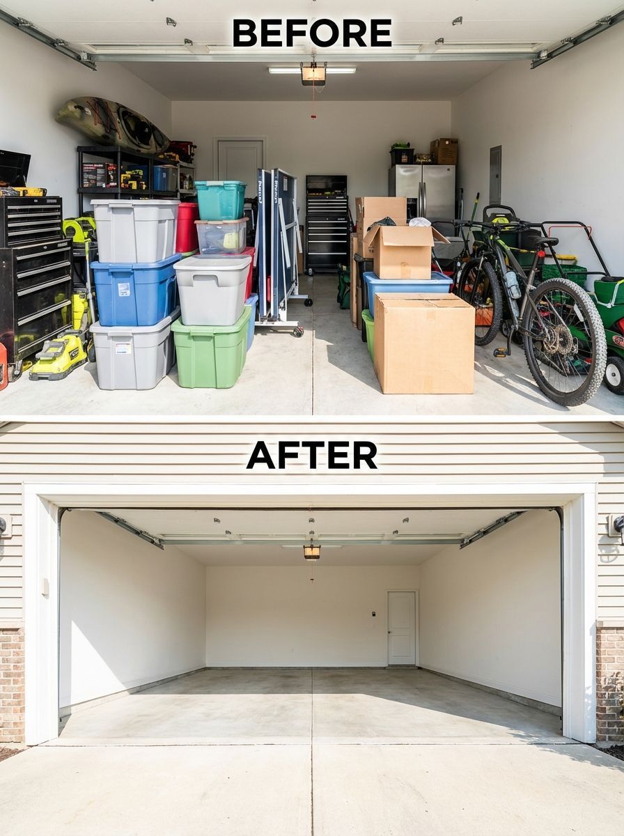 Before and after photos of a cluttered garage being completely emptied and cleaned.