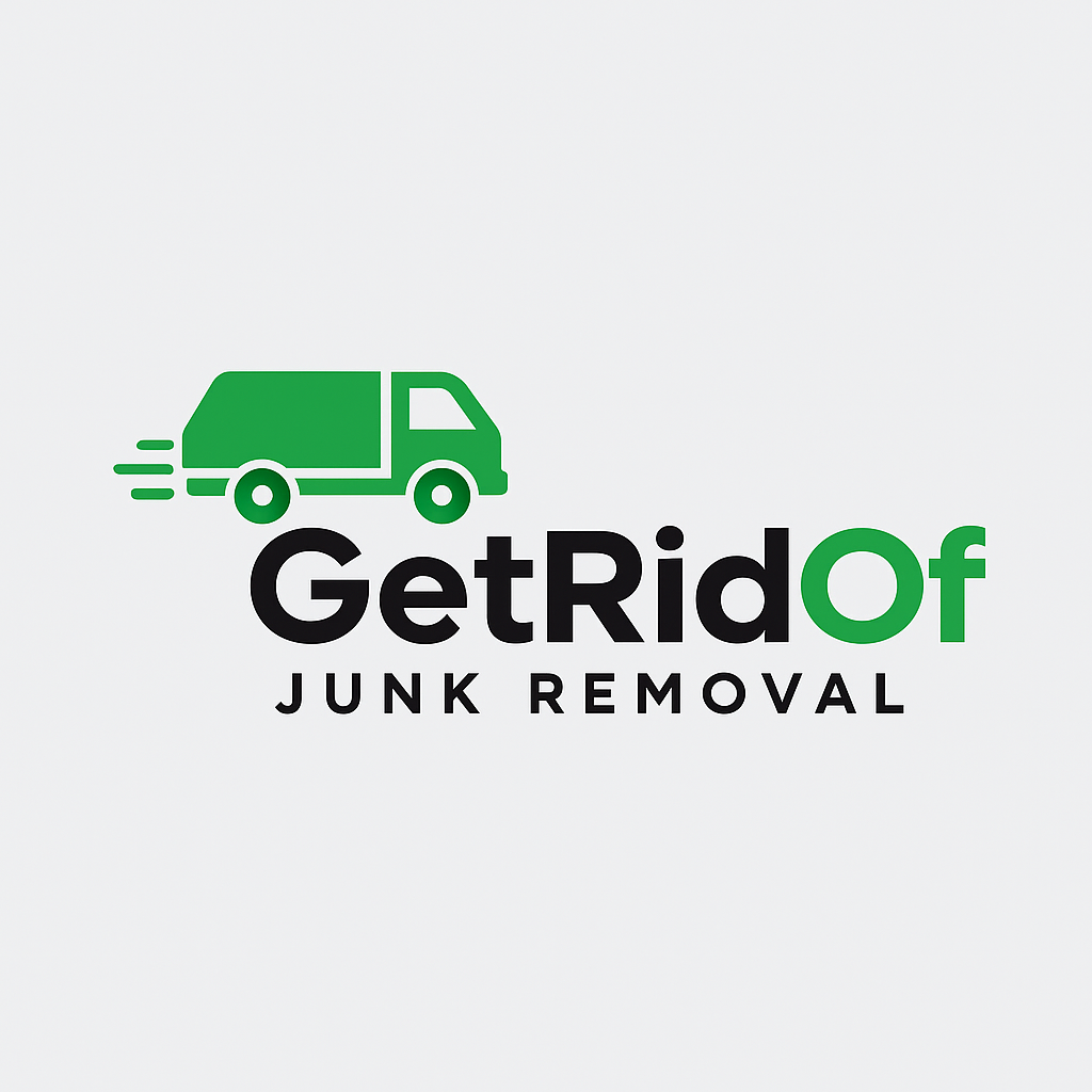 Logo for GetRidOf Junk Removal featuring a green truck icon above the black and green text on a light gray background.