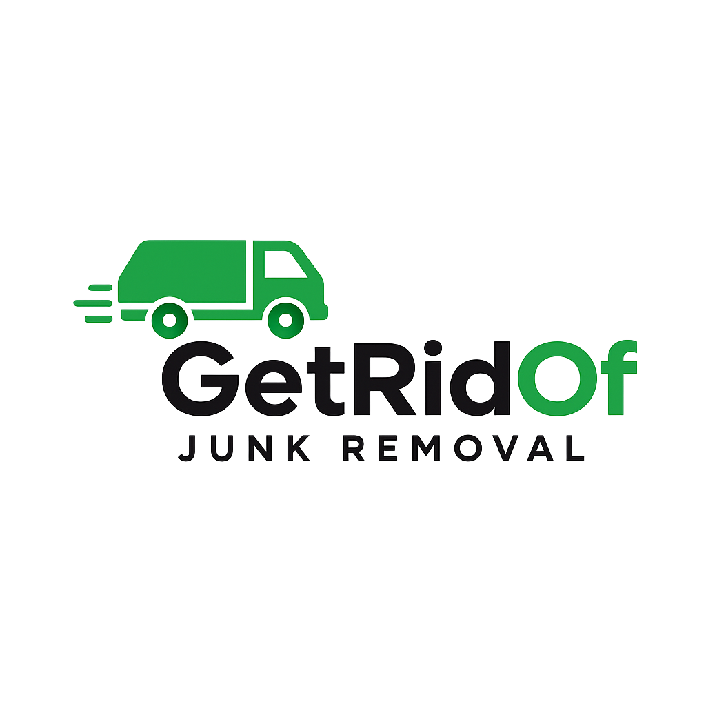 A green truck icon moving left next to the black and green text "GetRidOf JUNK REMOVAL".