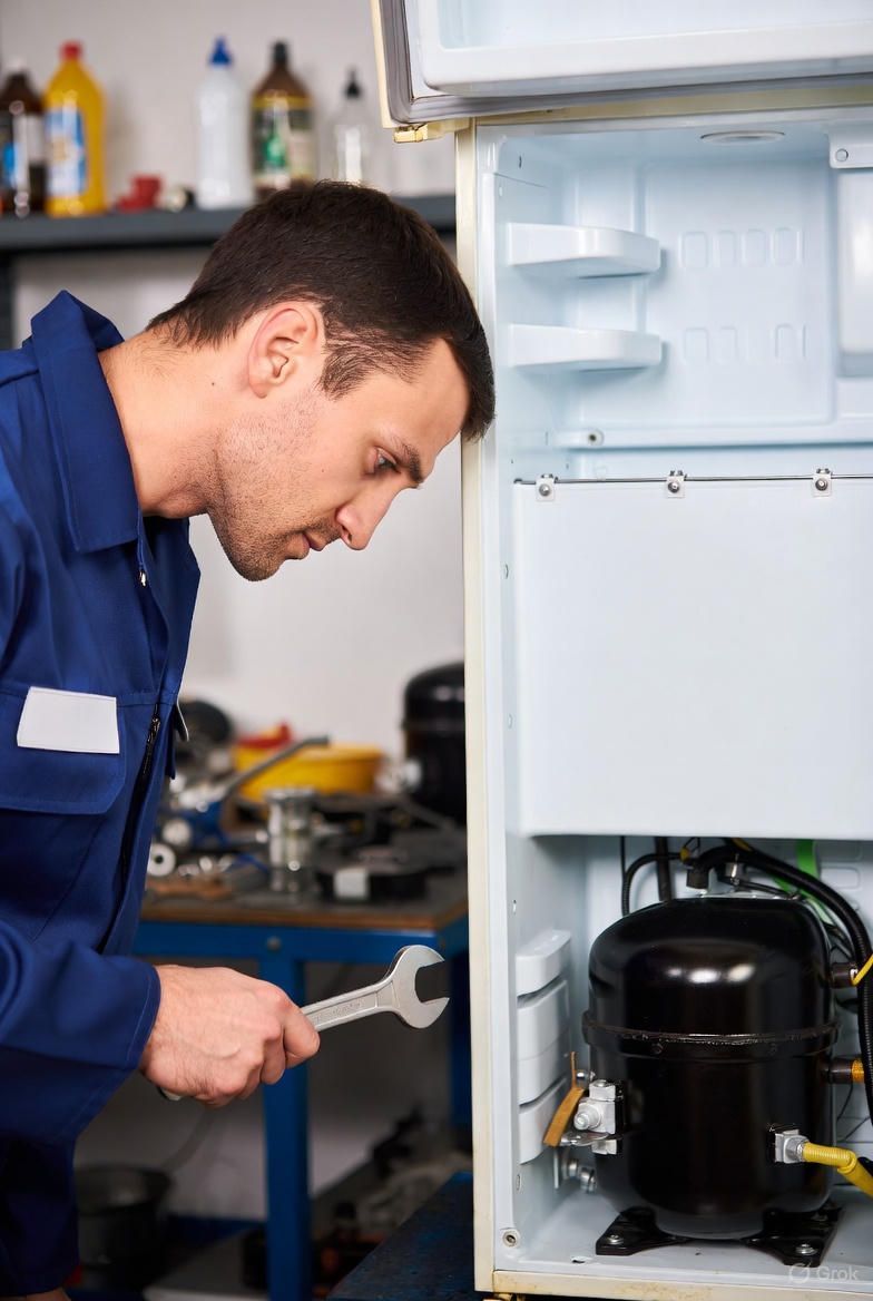 Professional appliance repair technician using wrench to service black refrigerator compressor unit