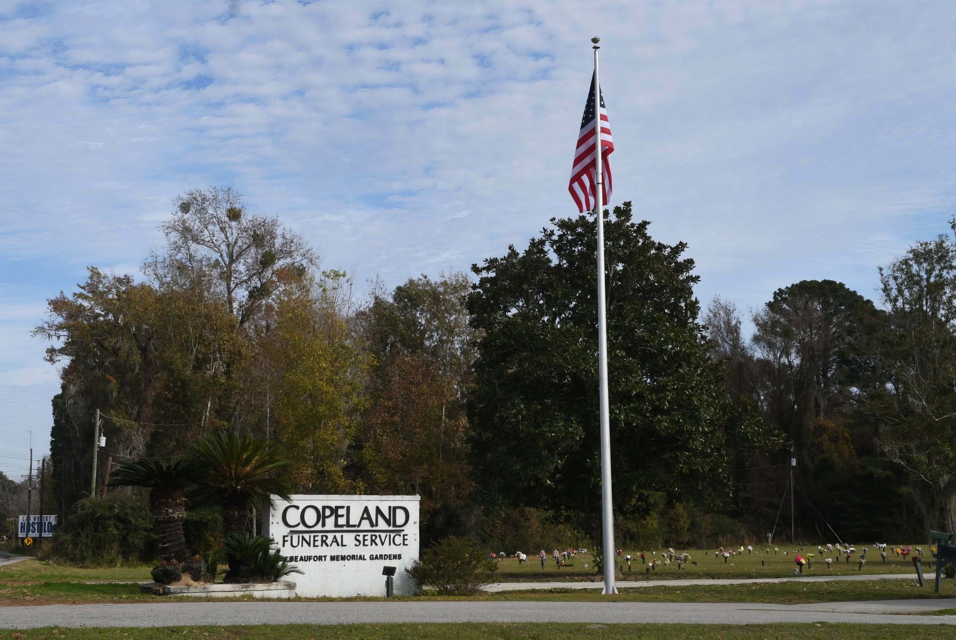 A flag is flying in front of a sign that says copeland