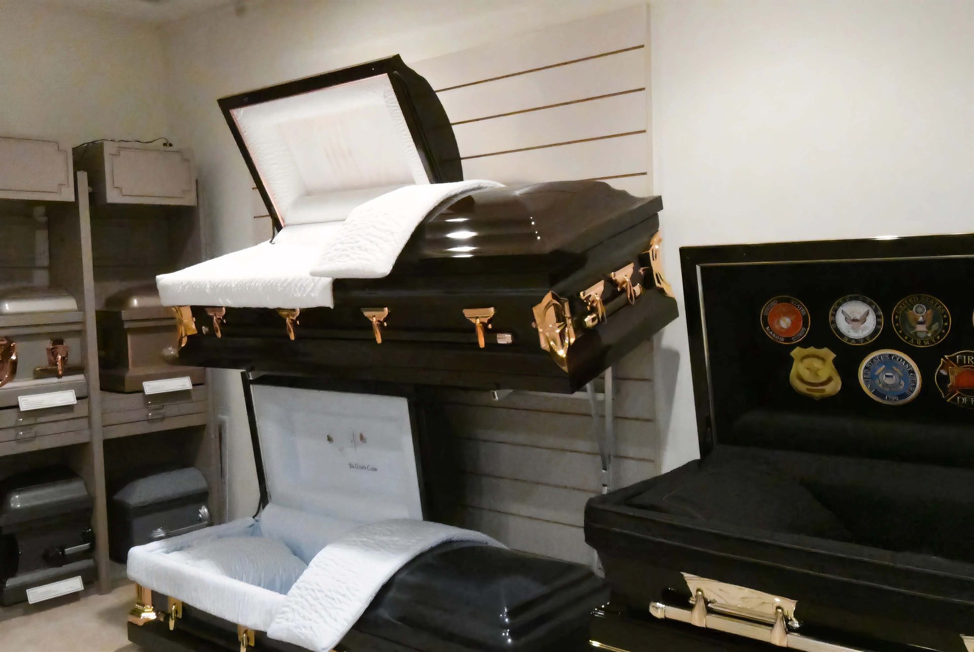 A black coffin with the lid open in a room