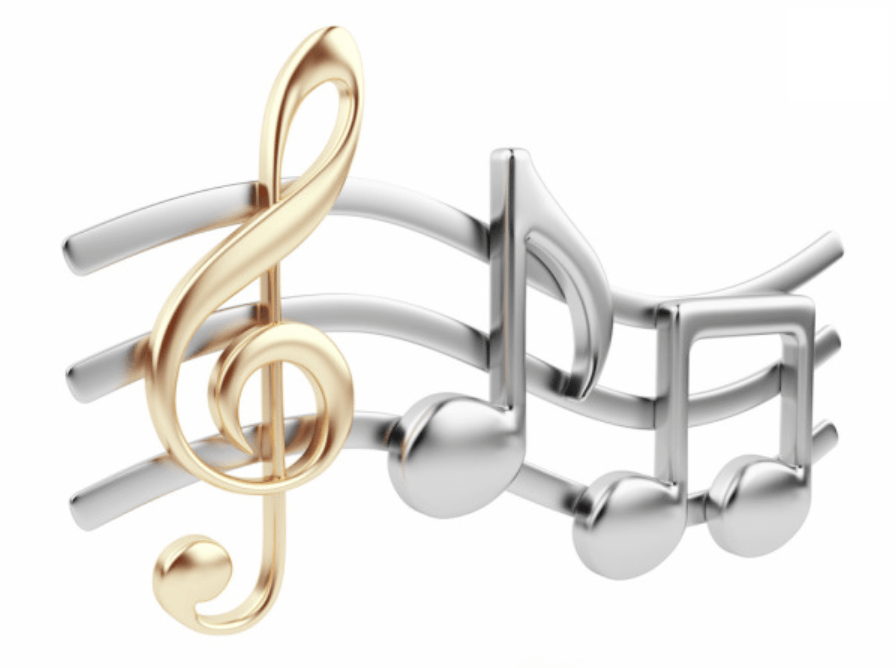 A treble clef and music notes on a white background