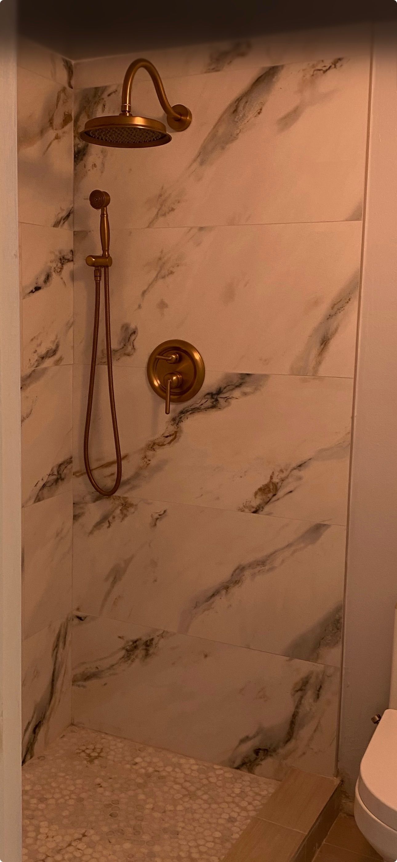 A bathroom with a walk in shower and a toilet.