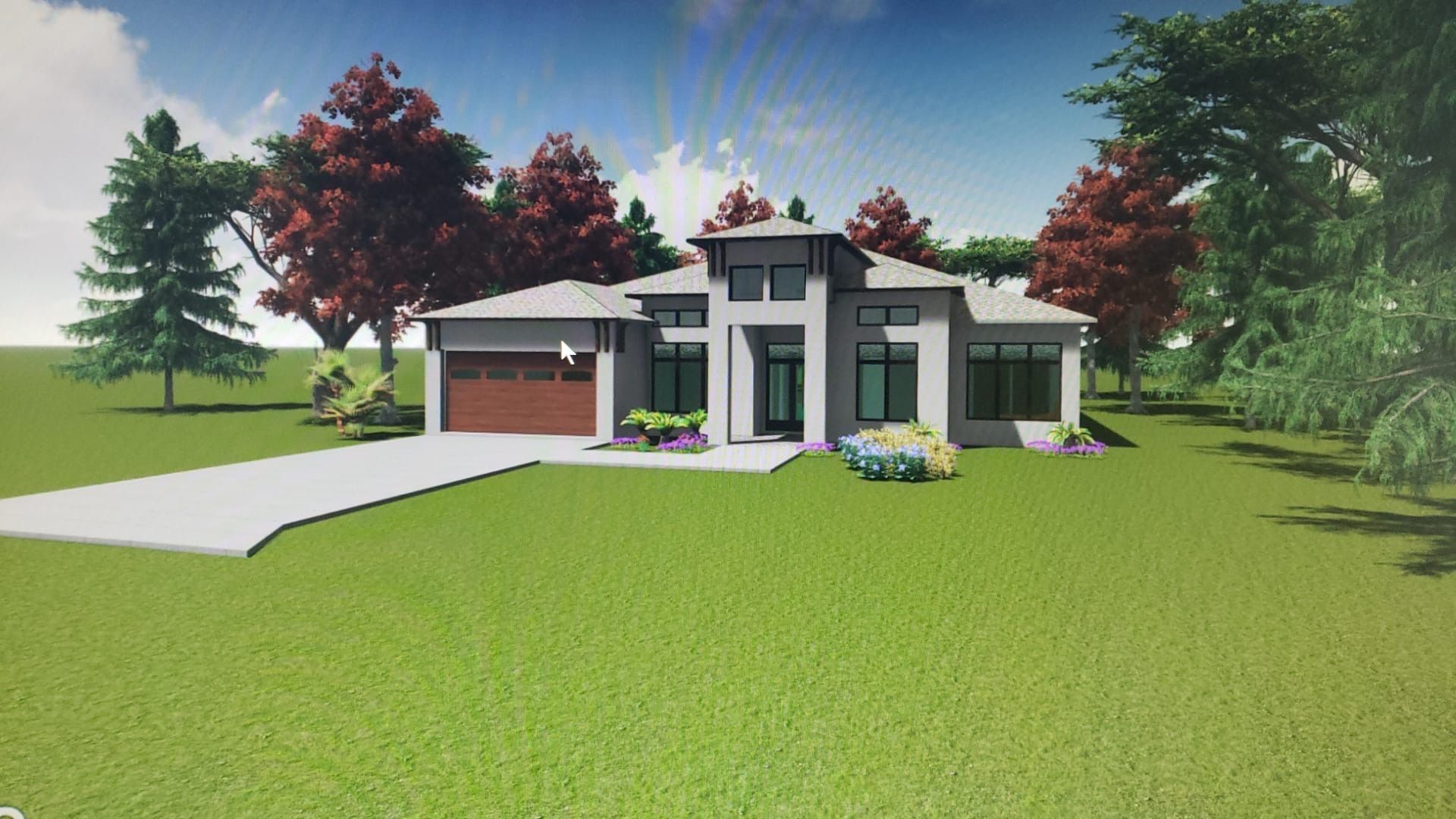 A computer generated image of a house with trees in the background.