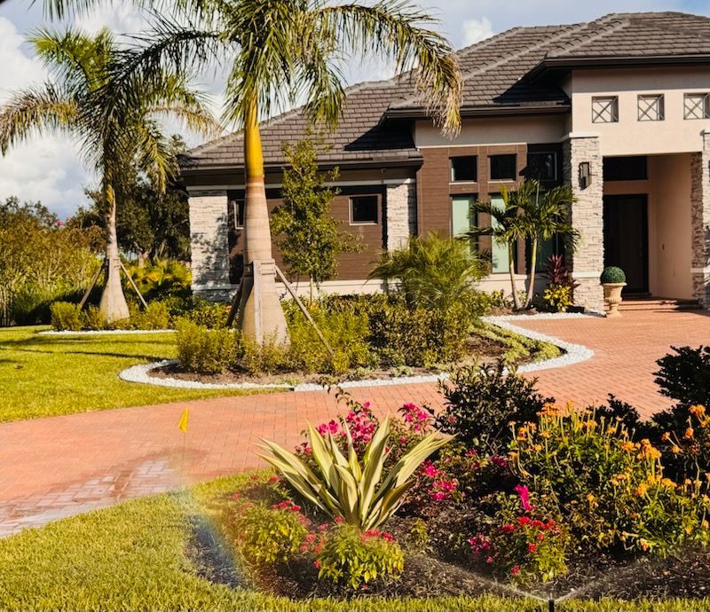 Luxurious home with landscaped front yard, palm trees, and brick driveway.