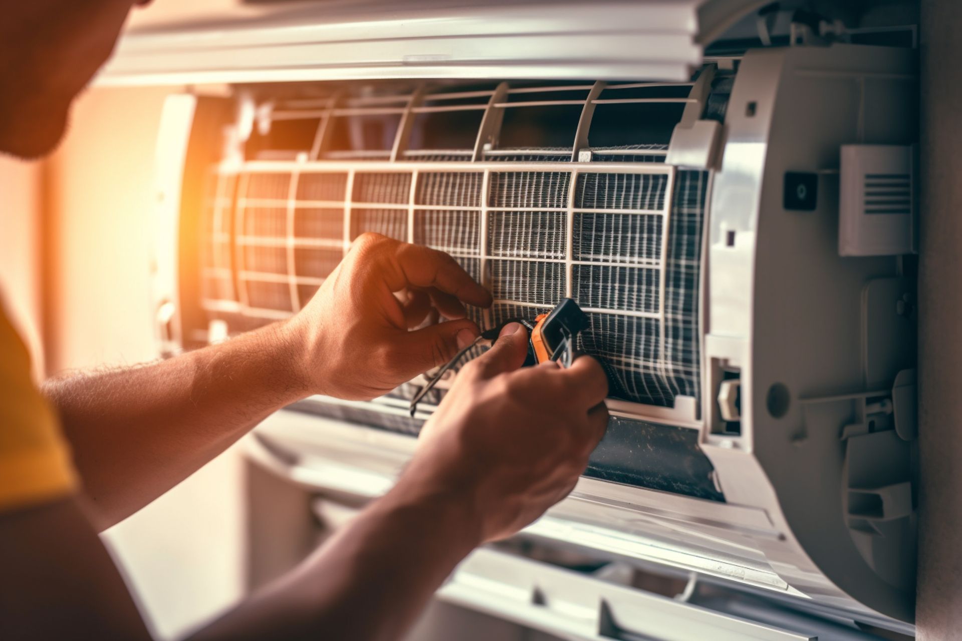 a man is fixing an air conditioner with a screwdriver .