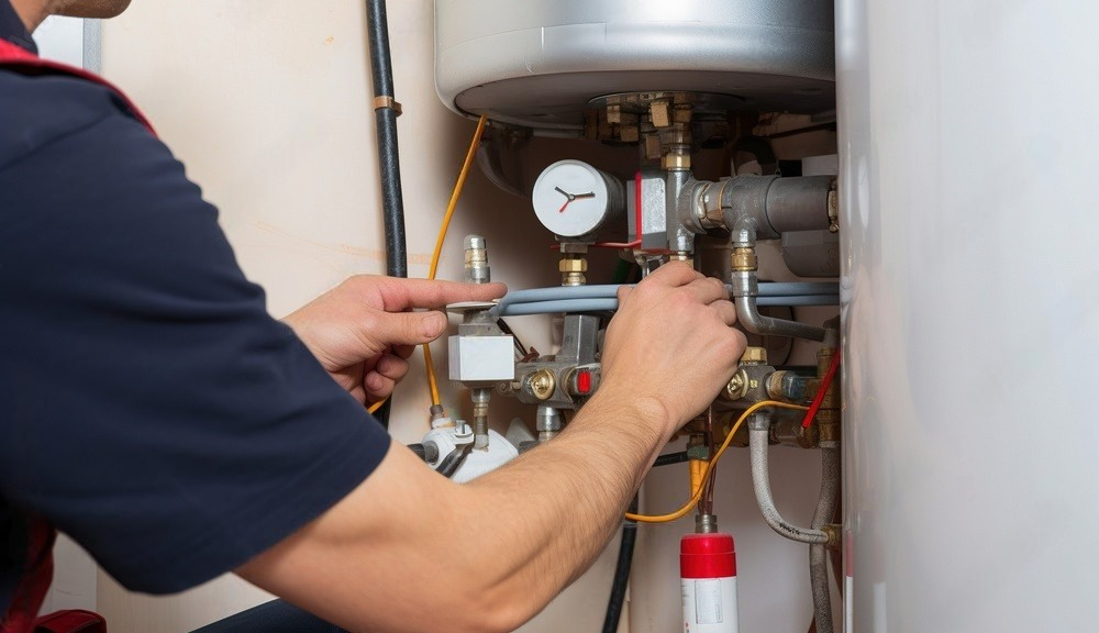 a man is fixing a water heater with a wrench .