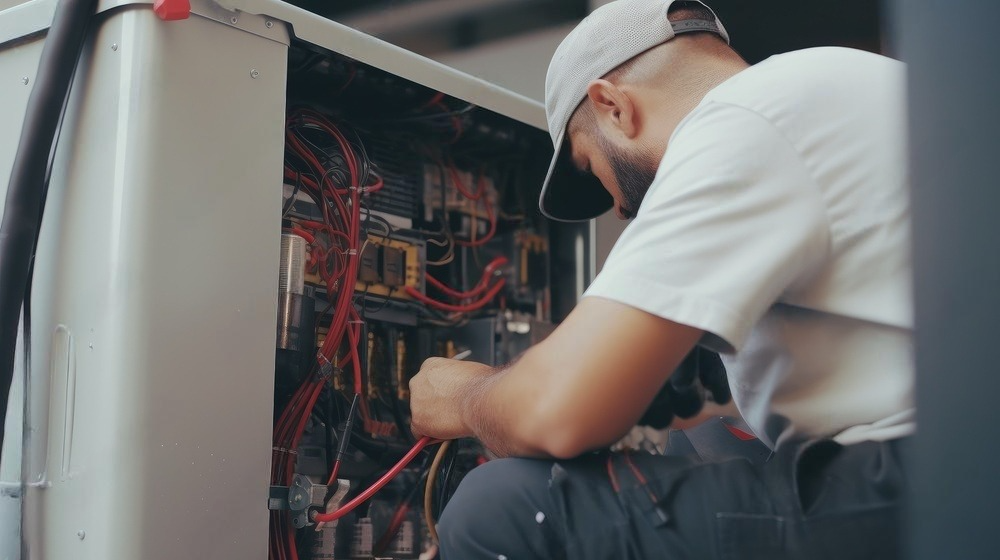 Focused technician repairing a heat pump unit with tools in hand, ensuring efficient heating and cooling.