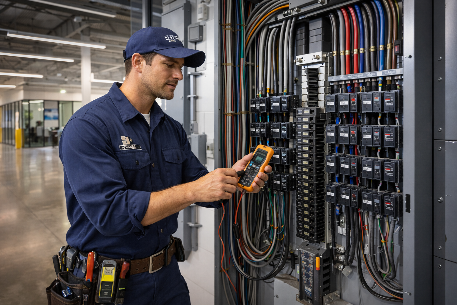Electrician in a blue uniform checks an electrical panel with a multimeter.