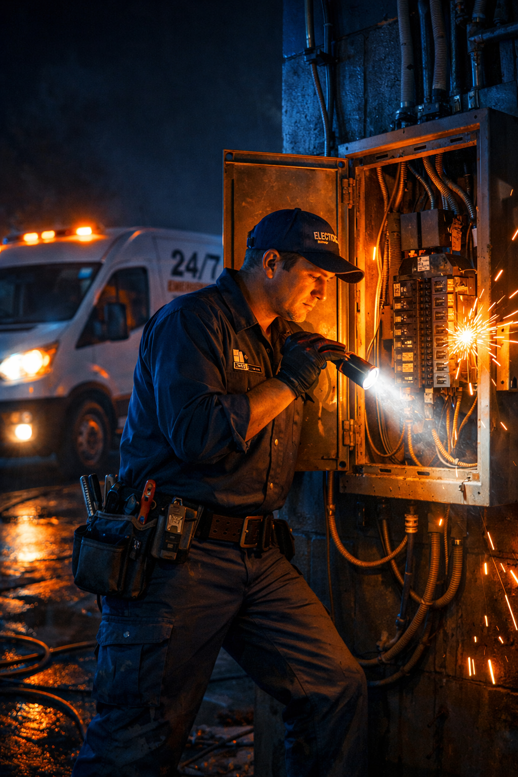 Electrician working on a fuse box at night, sparks flying. A service van is in the background.