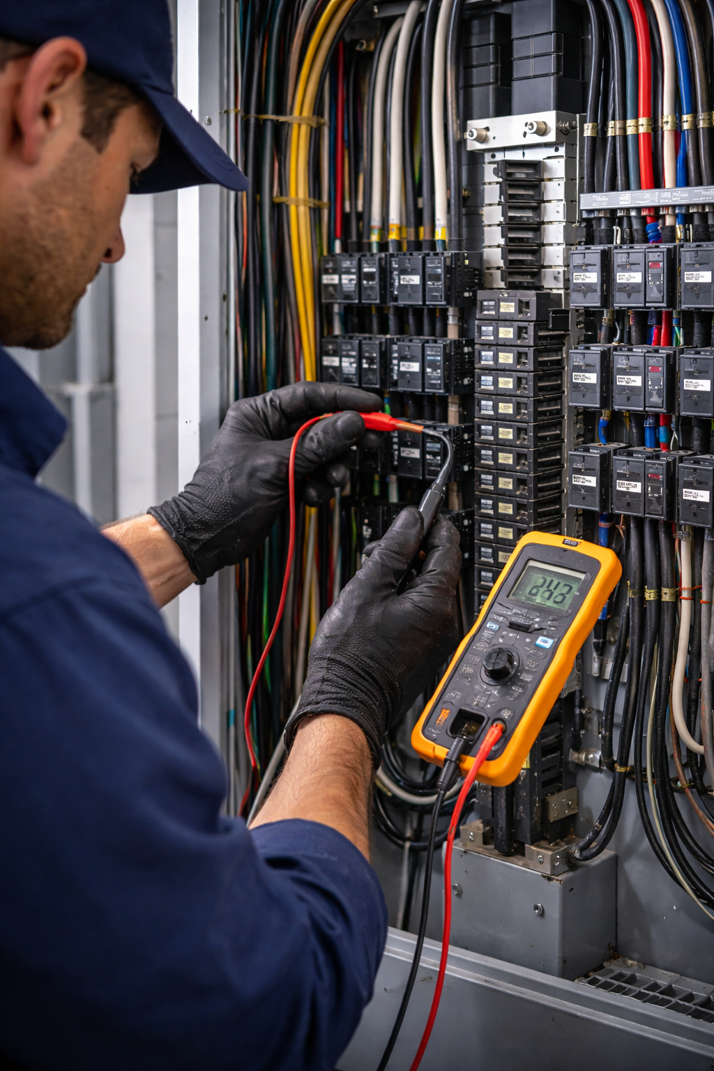Electrician in blue uniform and black gloves tests a panel with a multimeter. Wires are visible in the background.