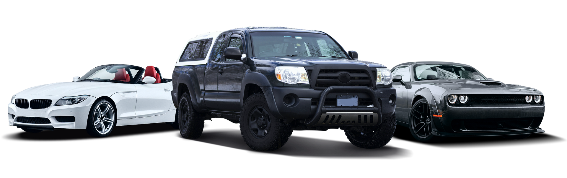 Three cars: white convertible, black truck, gray muscle car. | Fedel's Auto Care