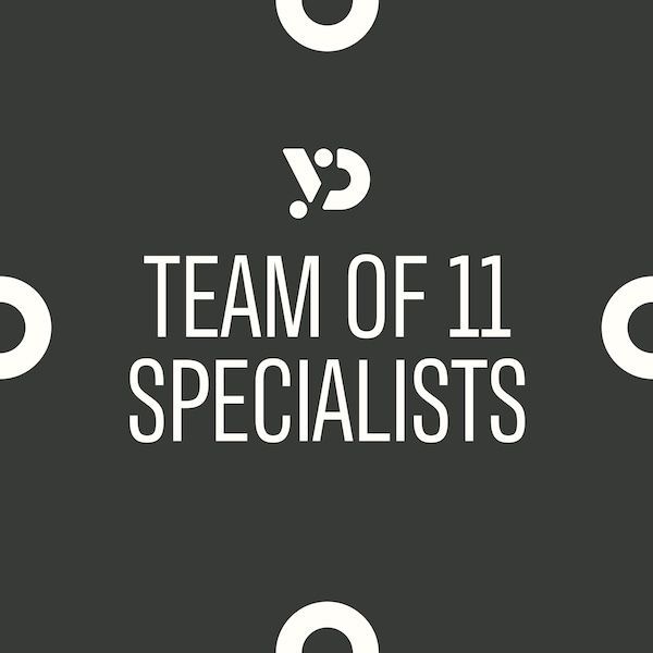 Dark gray graphic with white text reading “TEAM OF 11 SPECIALISTS” and small icons around it