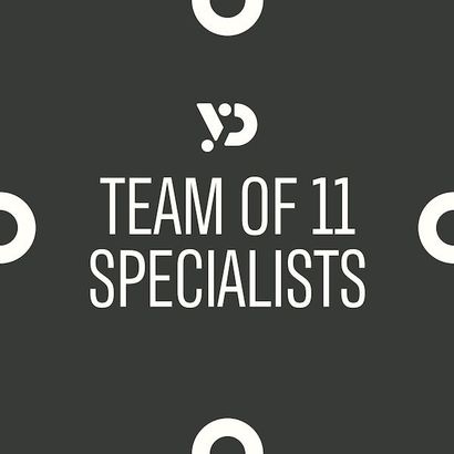 Dark gray graphic with white text reading “TEAM OF 11 SPECIALISTS” and small icons around it