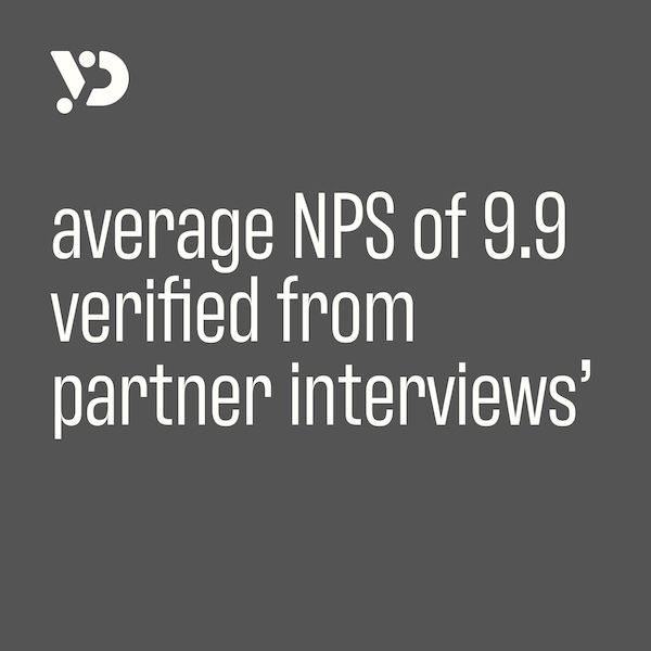 Gray slide with white text: “average NPS of 9.9 verified from partner interviews” and a small logo.
