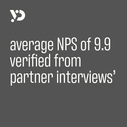 Gray slide with white text: “average NPS of 9.9 verified from partner interviews” and a small logo.