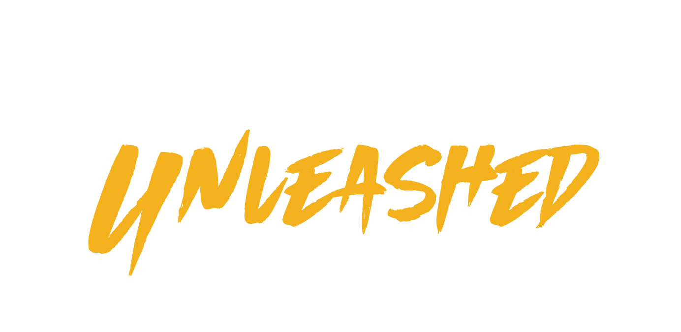 Orange brush-script word “UNLEASHED” on a white background